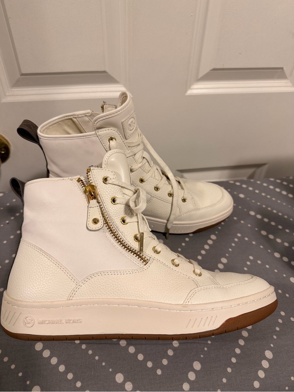 Michael Kors White Leather Lace-Up High-Top Boots with Gold Hardware